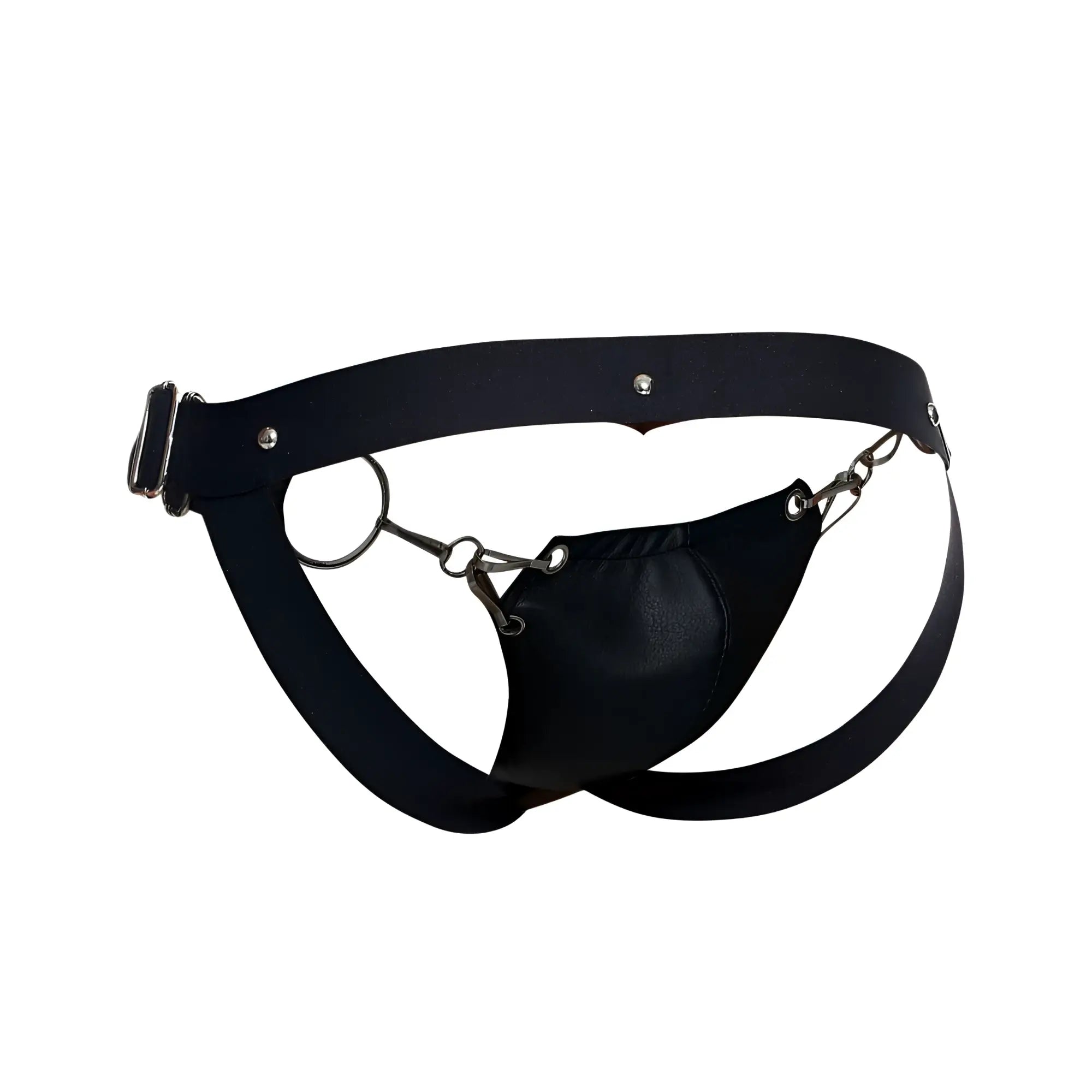 Malebasics dmbl03 dngeon snap jockstrap in black leather with metal chain and buckle detailing