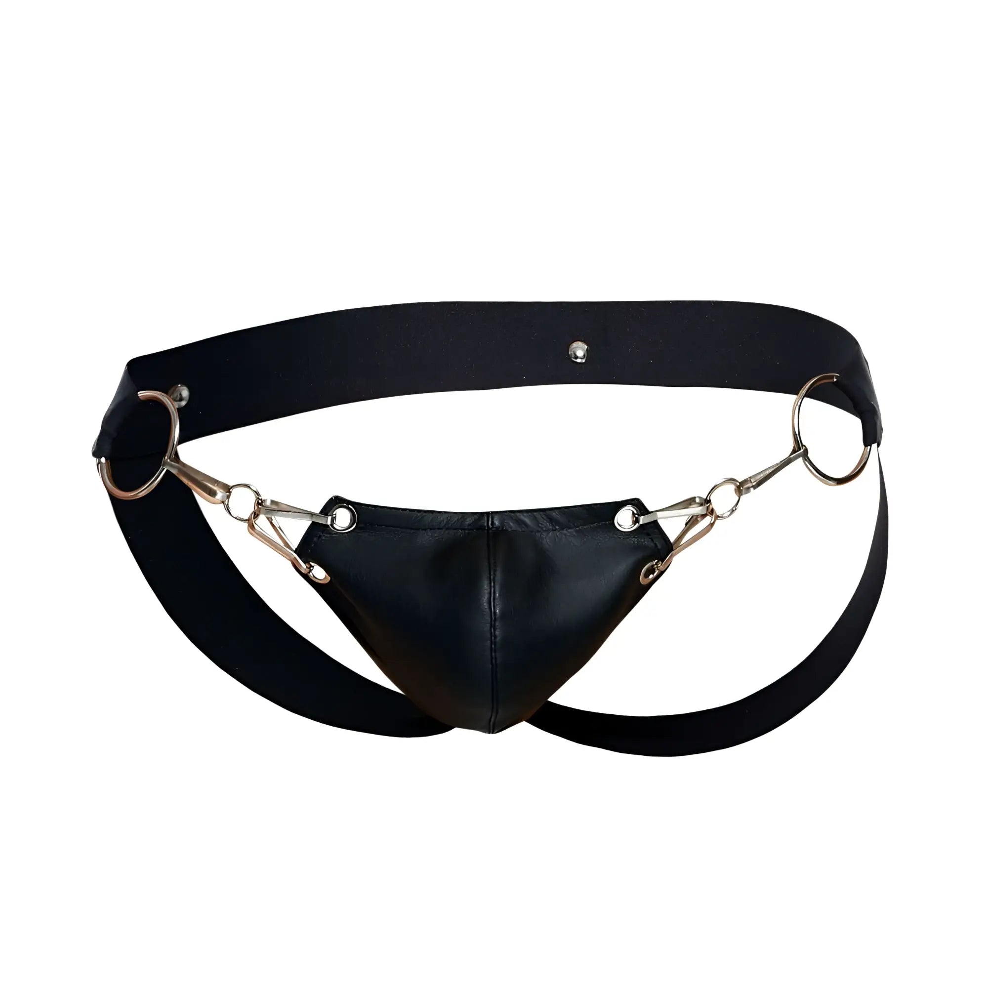 Malebasics dmbl03 dngeon black leather snap jockstrap with metallic horsebit-style harness hardware