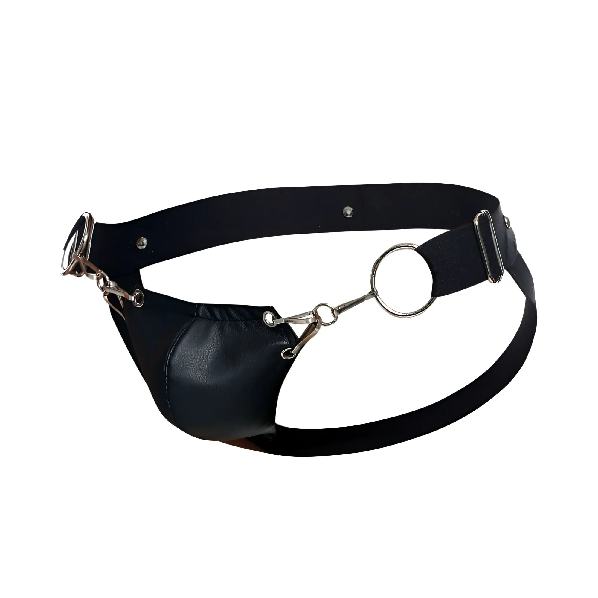 MaleBasics DMBL03 Dngeon snap jockstrap in black leather with silver metal rings and buckles front view