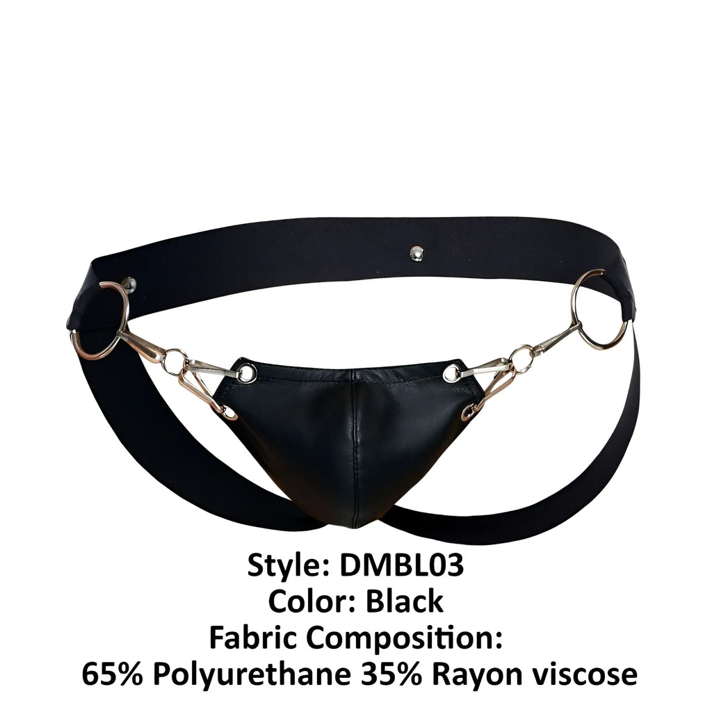 MaleBasics DMBL03 Dngeon snap jockstrap in black leather with metallic horsebit style hardware front view