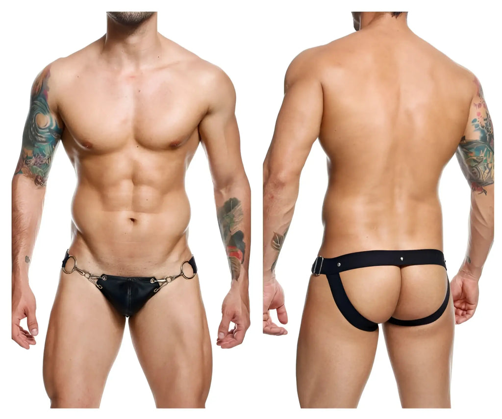 Malebasics dmbl03 dngeon black leather snap jockstrap featuring metallic ring and buckle accents shown from the back