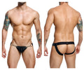 Malebasics dmbl03 dngeon black leather snap jockstrap featuring metallic ring and buckle accents shown from the back