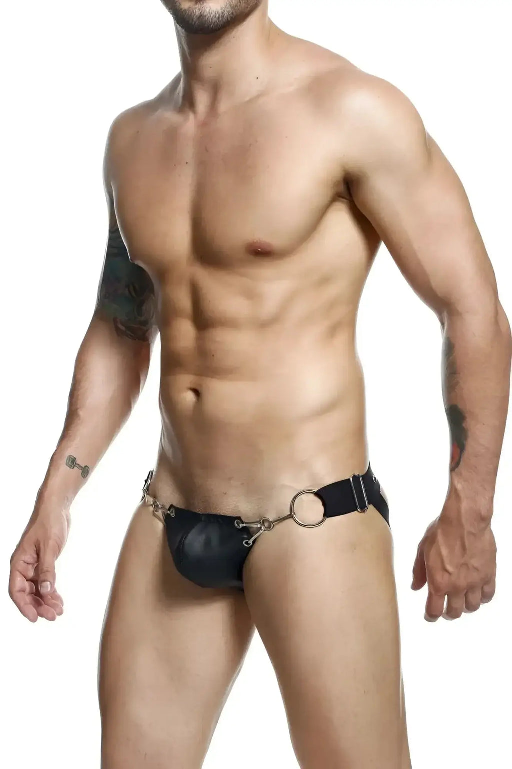 Malebasics dmbl03 dngeon black leather thong with silver metal ring and chain detailing shown from the back side