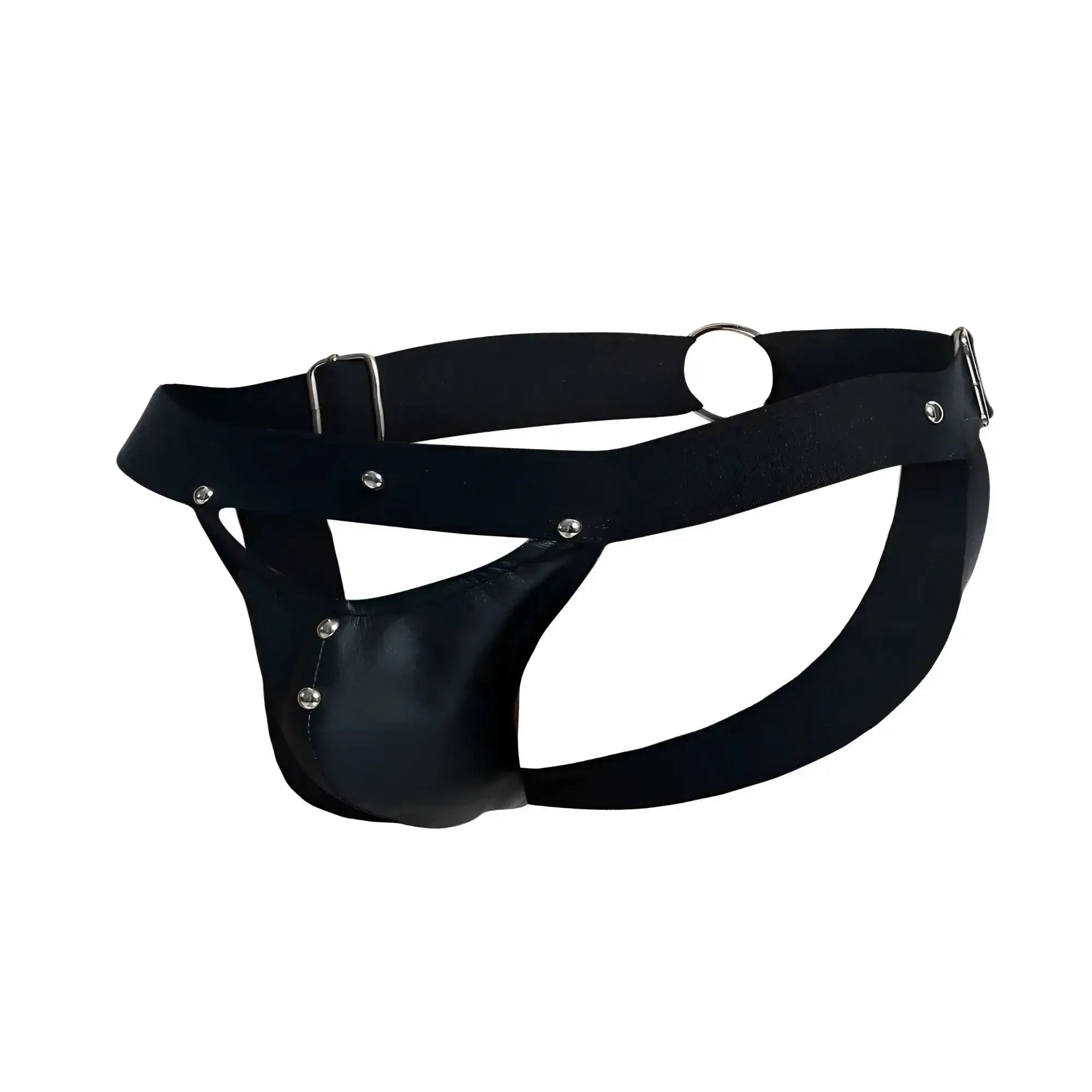 Black leather male basics dmblo4 dngeon peekaboo jockstrap with silver hardware and adjustable straps front view
