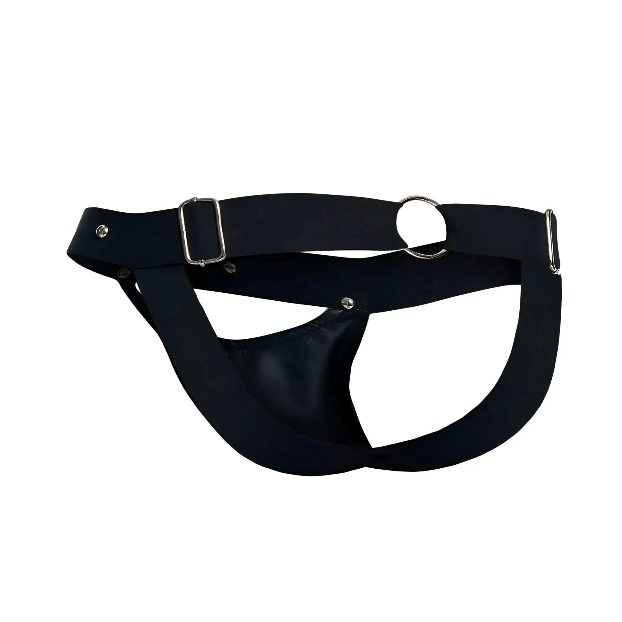 Black leather male basics dmble04 dungeon peekaboo jockstrap with silver metal buckle and ring