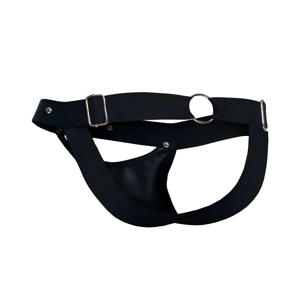Black leather male basics dmble04 dungeon peekaboo jockstrap with silver metal buckle and ring