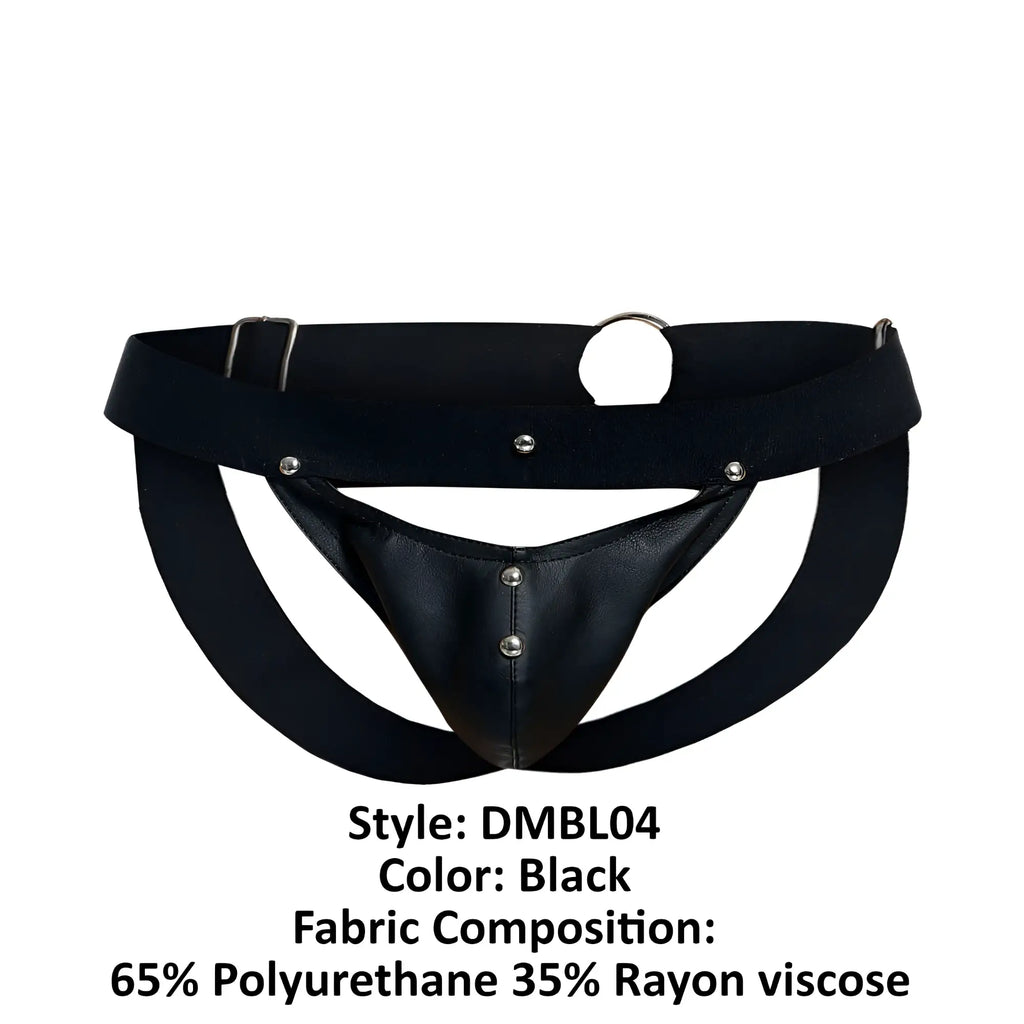 Malebasics dmbl04 dngeon peakaboo black leather-like briefs with supportive structured design and silver metal hardware