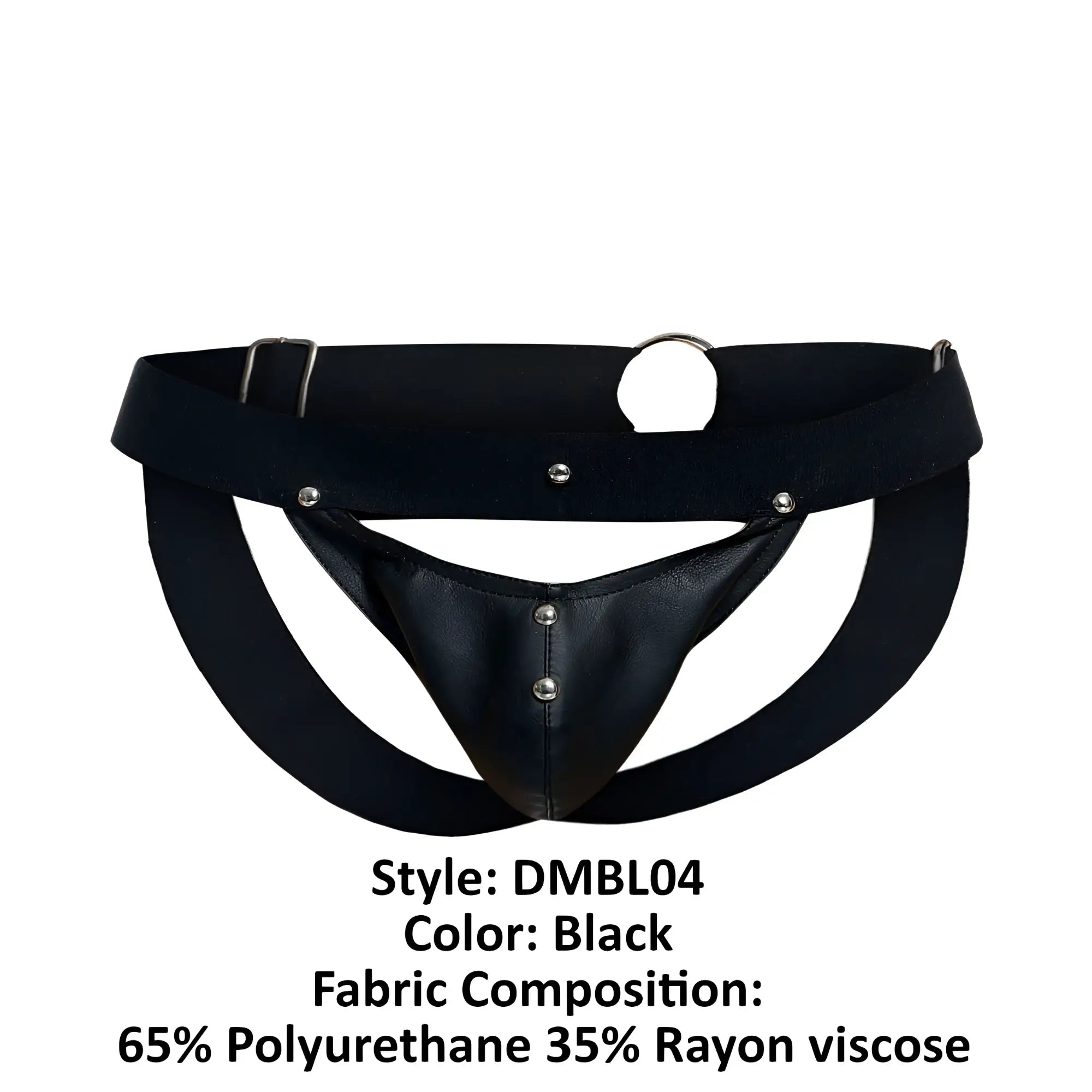 Malebasics dmbl04 dngeon peakaboo black leather-like briefs with supportive structured design and silver metal hardware