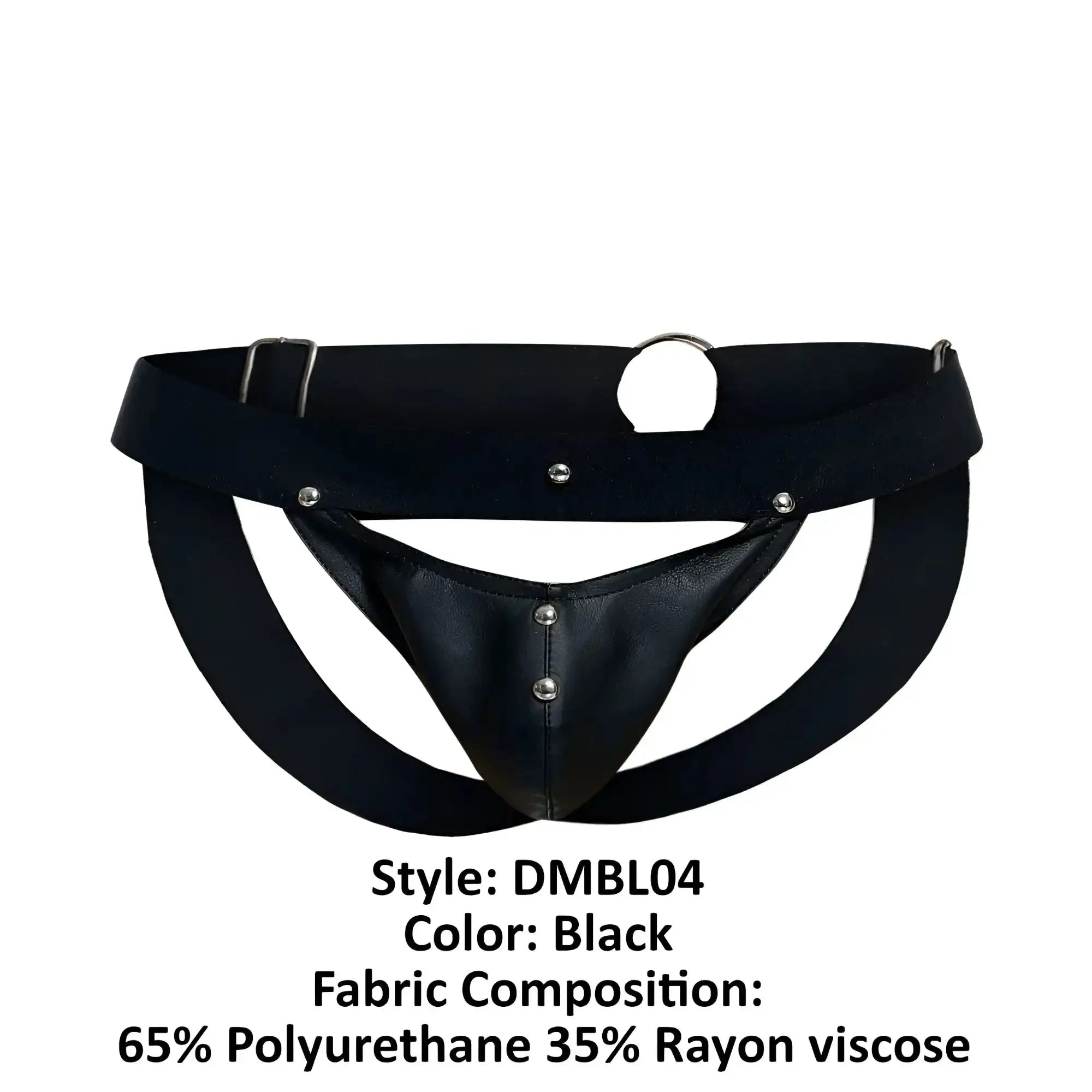 Malebasics dmbl04 dngeon peakaboo black leather-like briefs with supportive structured design and silver metal hardware