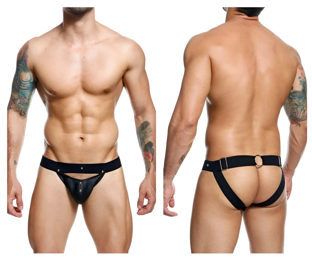 Black leather thong jockstrap with adjustable straps and metal buckle by malebasics dmblo4 dngeon peakaboo model