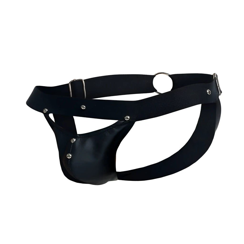 Black leather male basics dmblo4 dngeon peekaboo jockstrap with silver hardware and adjustable straps front view