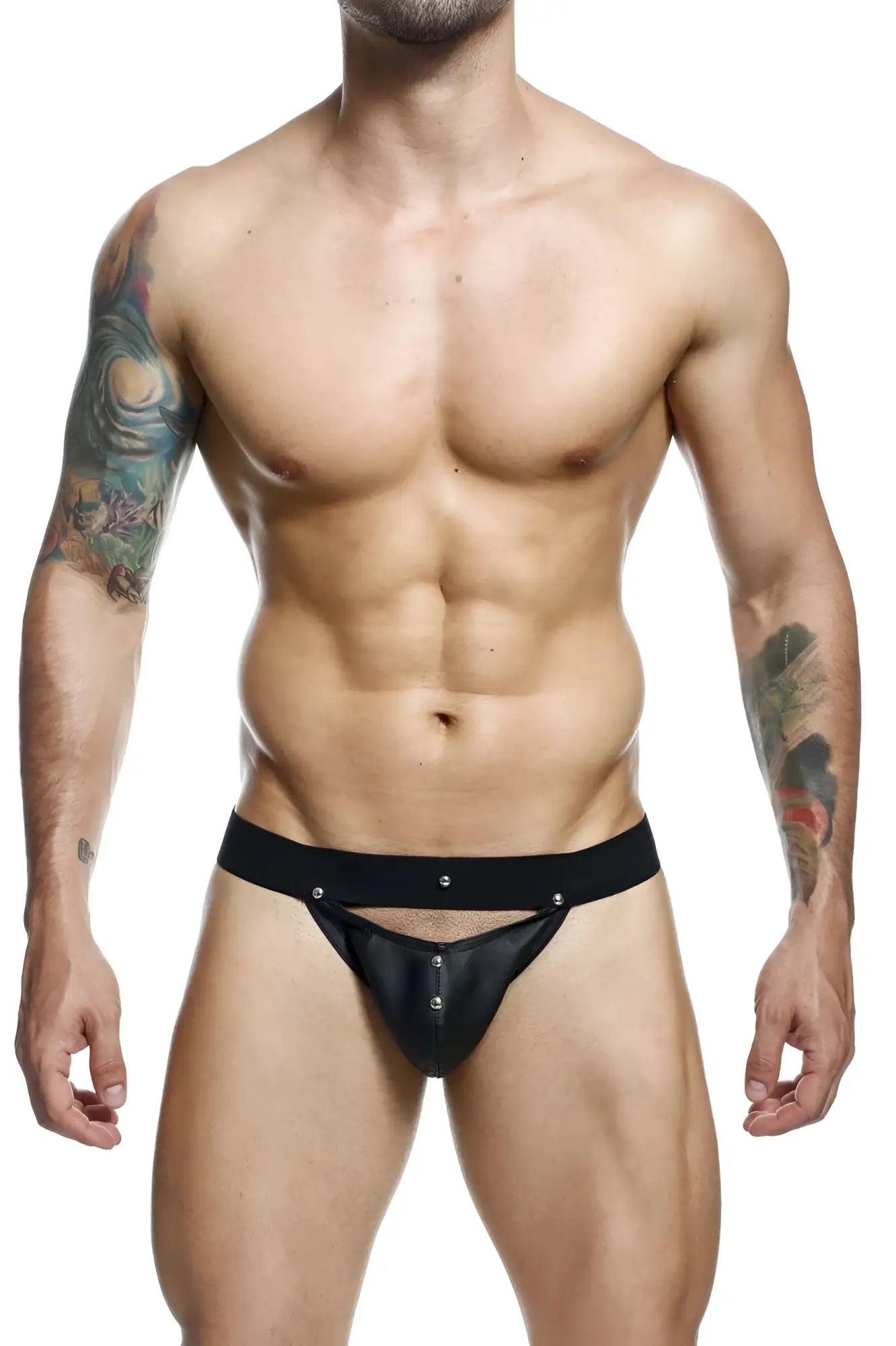 MaleBasics DMBL04 DNGEON black leather thong with silver studs and wide waistband for male underwear and jockstrap use
