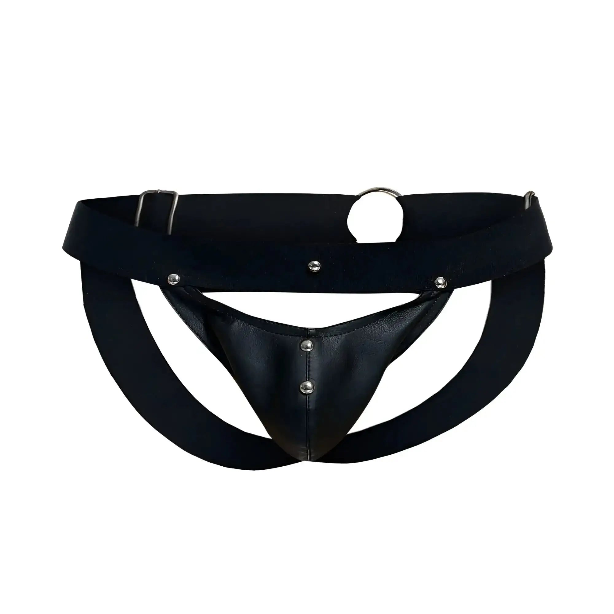 Black leather thong jockstrap with adjustable elastic waistband and silver metal hardware by malebasics