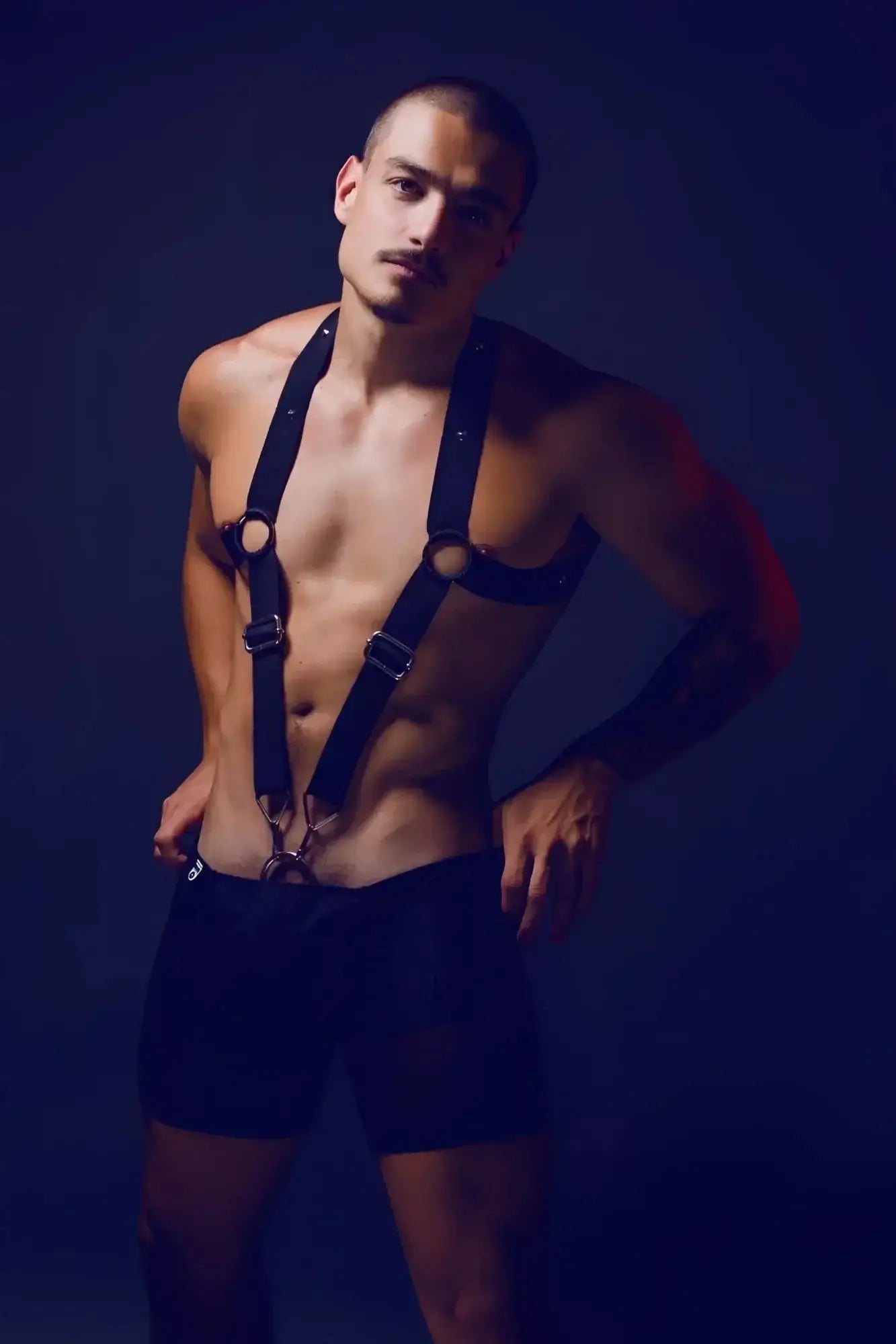 Malebasics dmb l05 dngeon crossback harness black leather with adjustable straps and metal buckles shown from the back