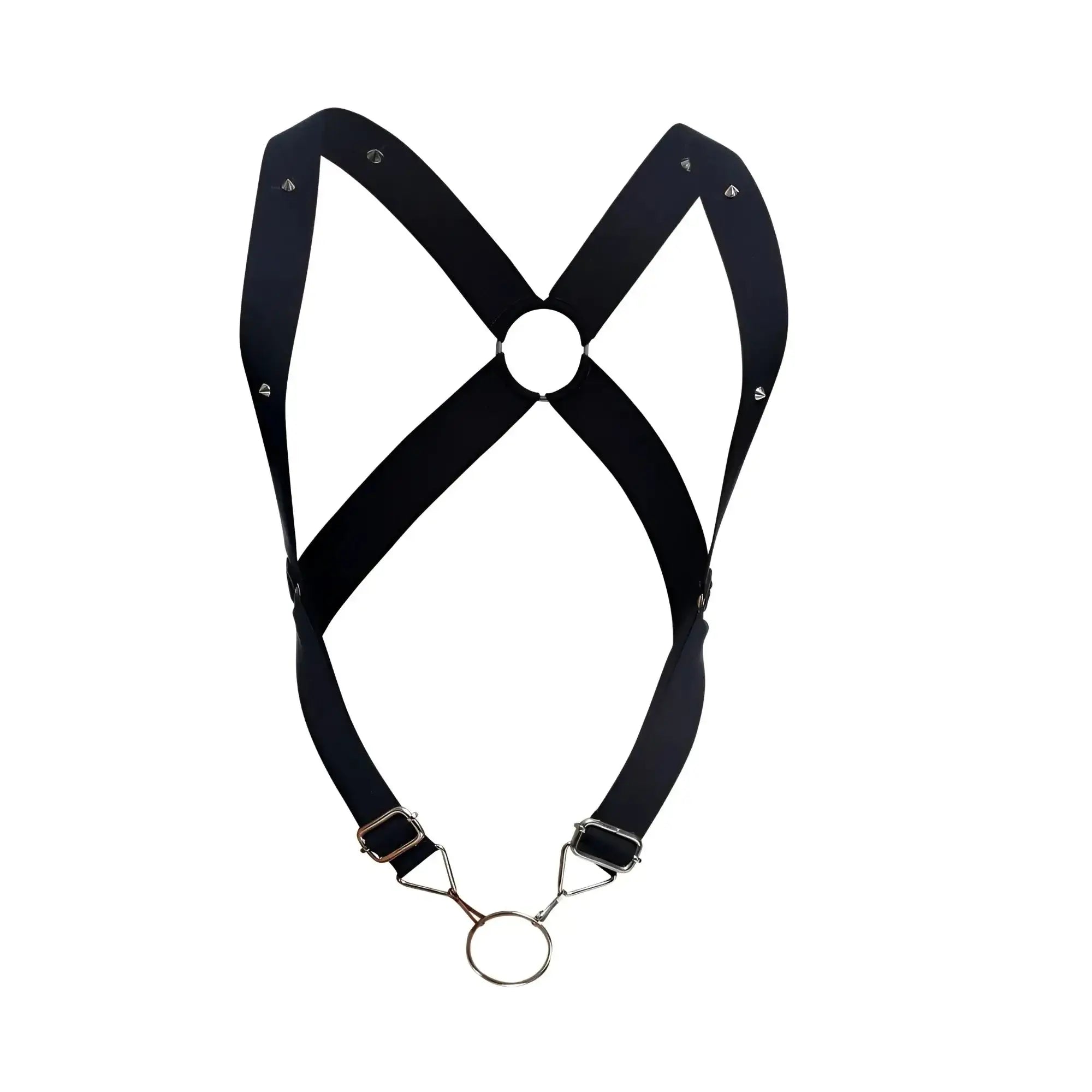 Malebasics dmbl05 dngeon crossback harness in black leather with silver metal hardware and a central circular ring