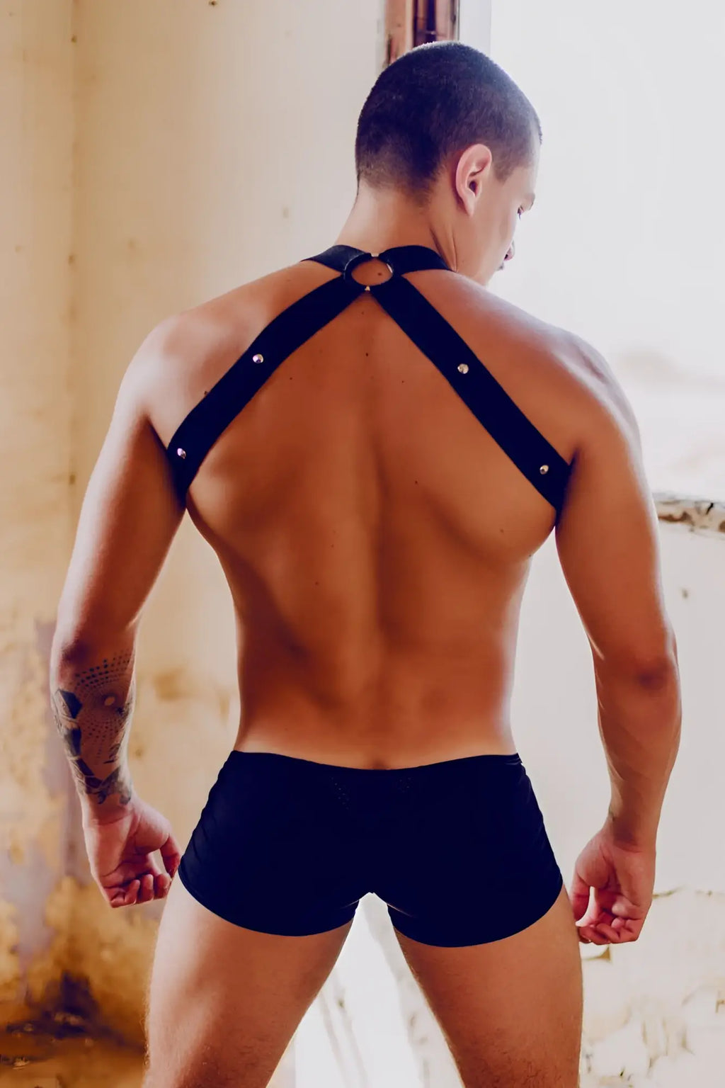 Malebasics dmbl05 dngeon crossback harness in black leather with silver hardware and central circular buckle