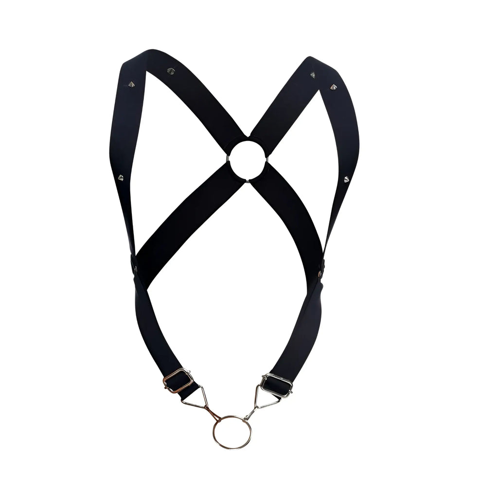 Malebasics dmbl05 dngeon crossback harness in black leather with silver metal hardware and a central circular ring