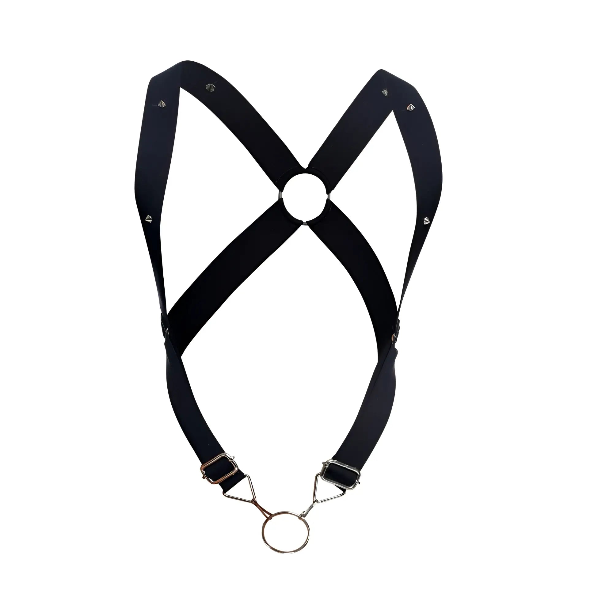 Malebasics dmbl05 dngeon crossback harness in black leather with silver metal hardware and a central circular ring