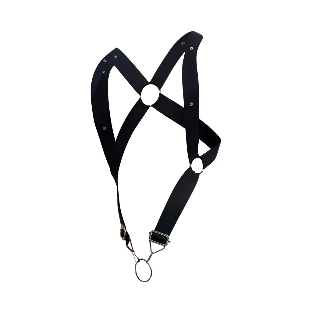 Malebasics dmbl05 dngeon crossback harness in black leather with silver metal hardware and adjustable straps shown from back