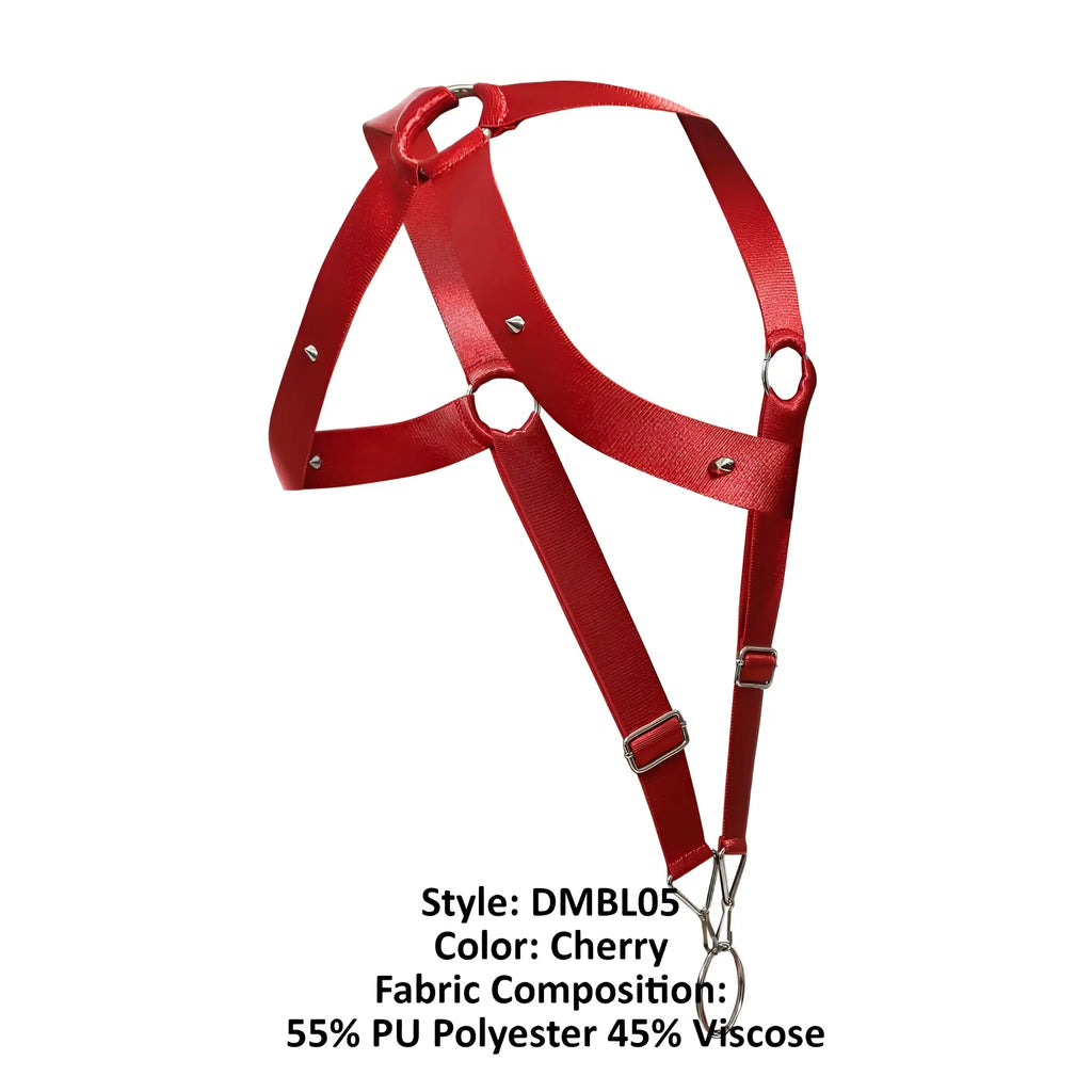 Malebasics dmblo5 dngeon crossback harness in red cherry with silver metal hardware made of pu polyester and viscose