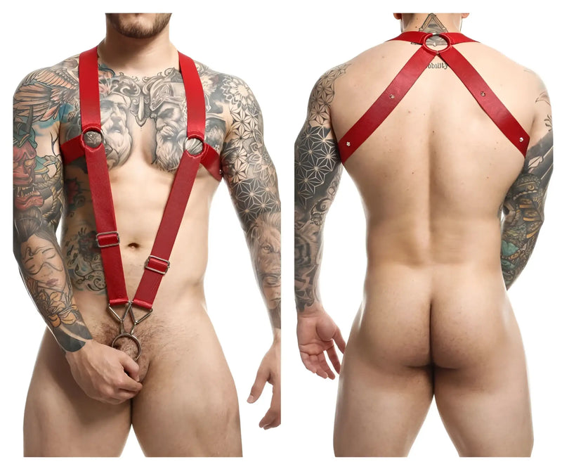 Malebasics dmbl05 dngeon crossback harness in cherry red leather with metal rings and buckles for men