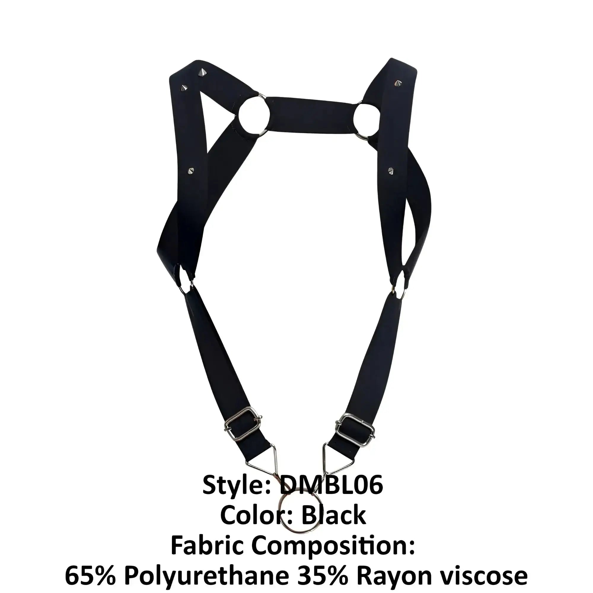 Black malebasics dmblo6 dngeon straight back harness made of polyurethane and rayon with adjustable metal buckles and rings