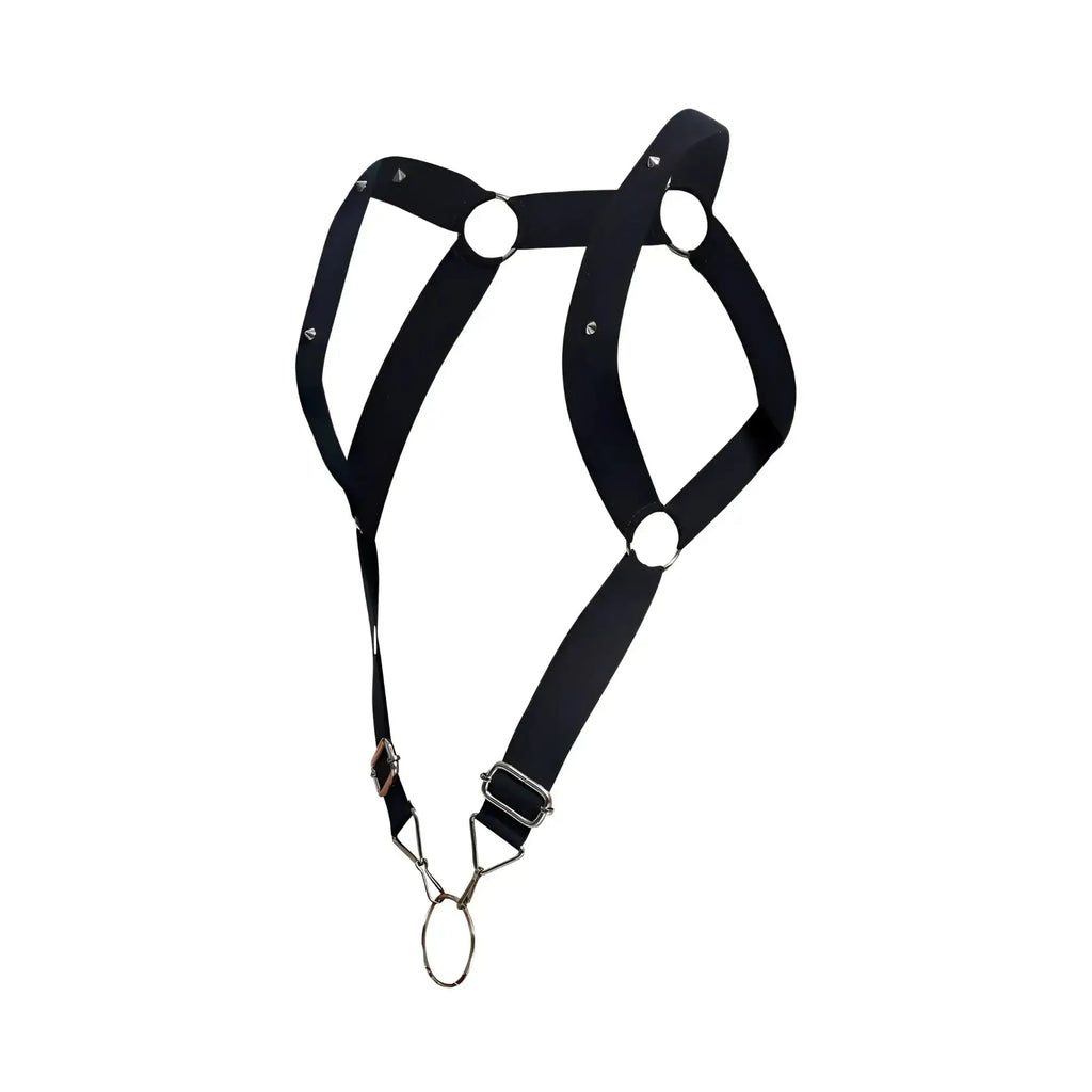 Black leather malebasics dmblo6 dngeon straight back harness with silver metal rings and buckles
