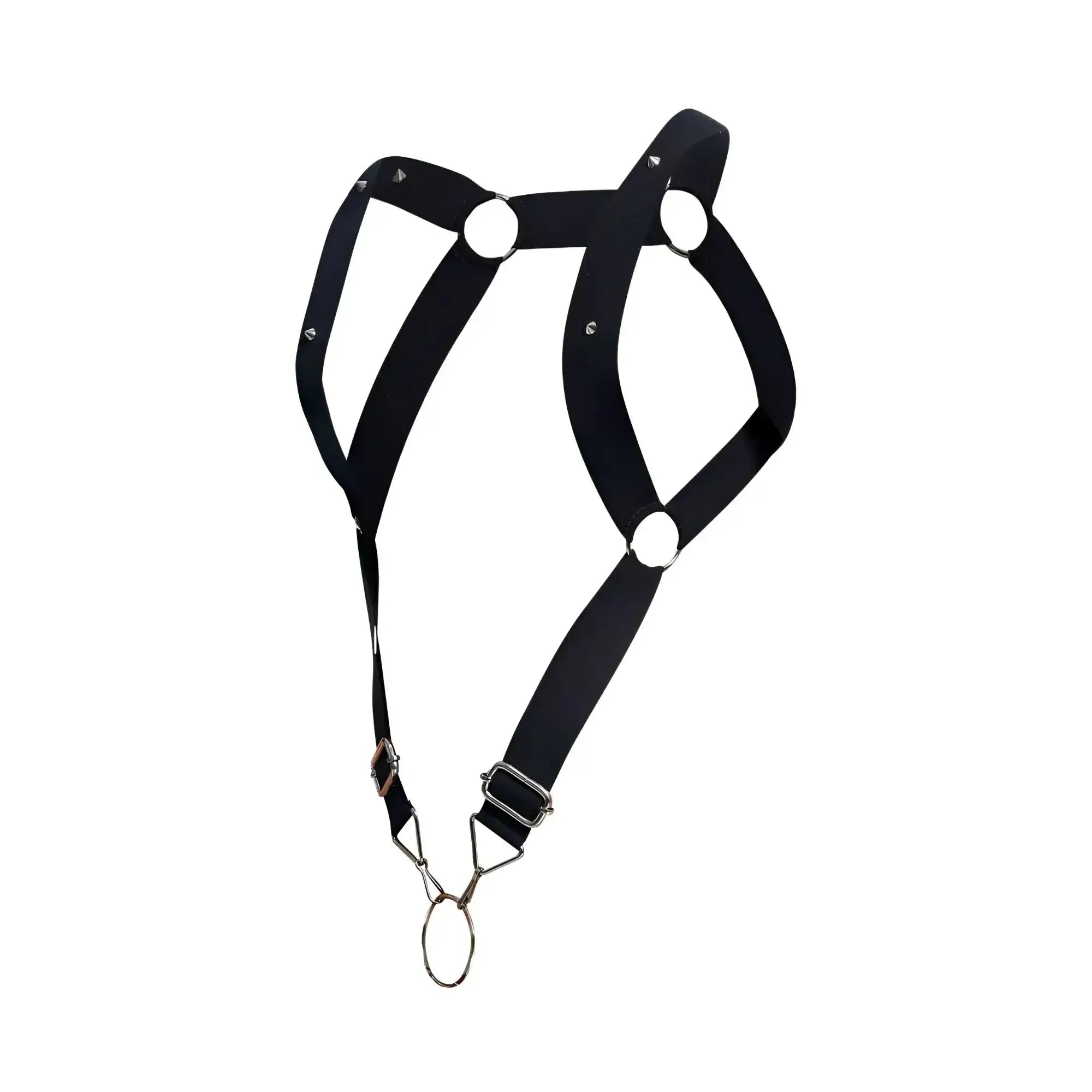 Black leather malebasics dmblo6 dngeon straight back harness with silver metal rings and buckles