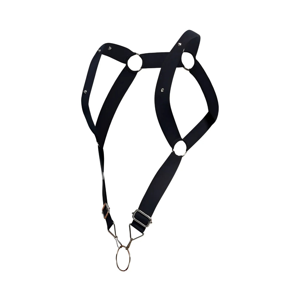 Black leather malebasics dmblo6 dngeon straight back harness with silver metal rings and buckles