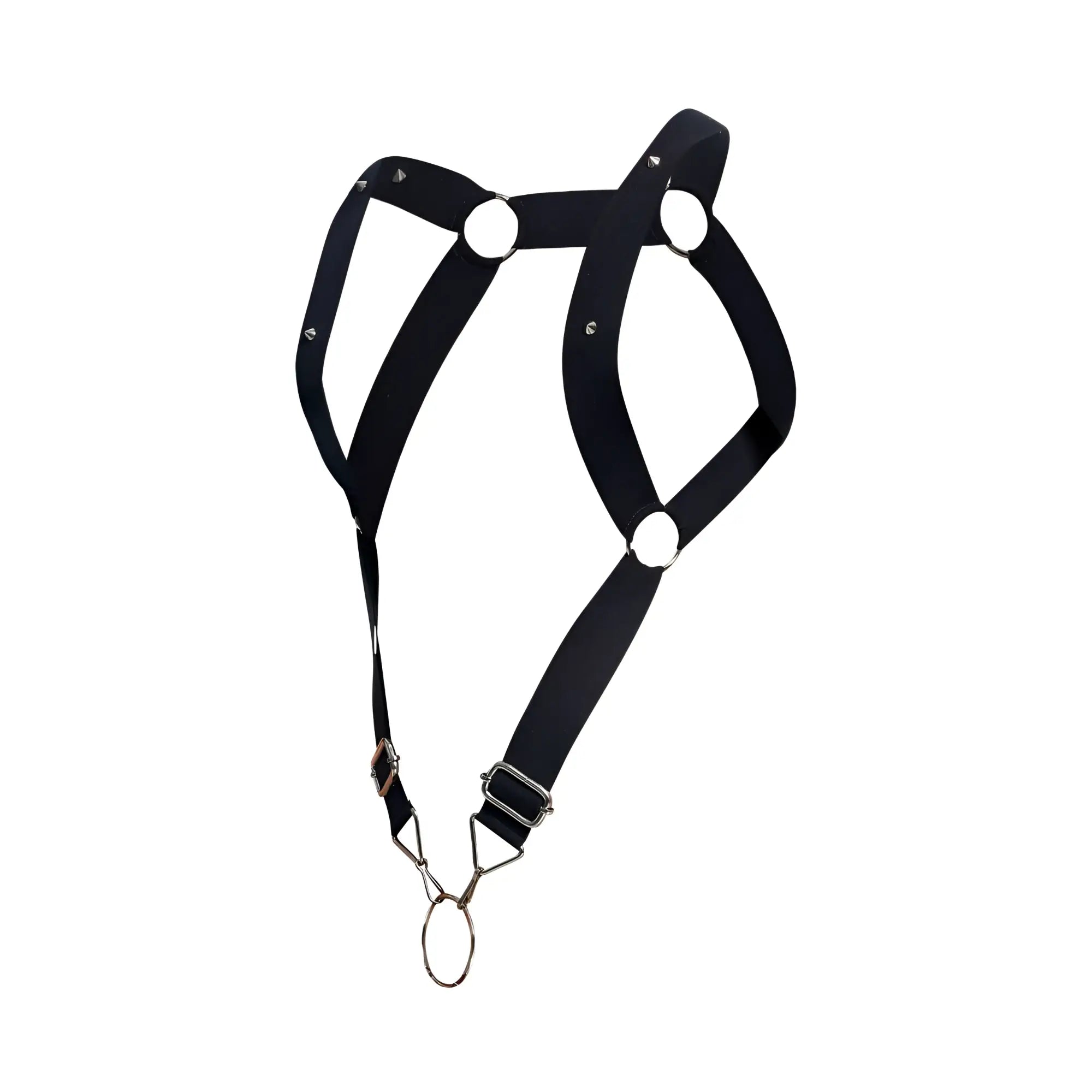 Black leather malebasics dmblo6 dngeon straight back harness with silver metal rings and buckles
