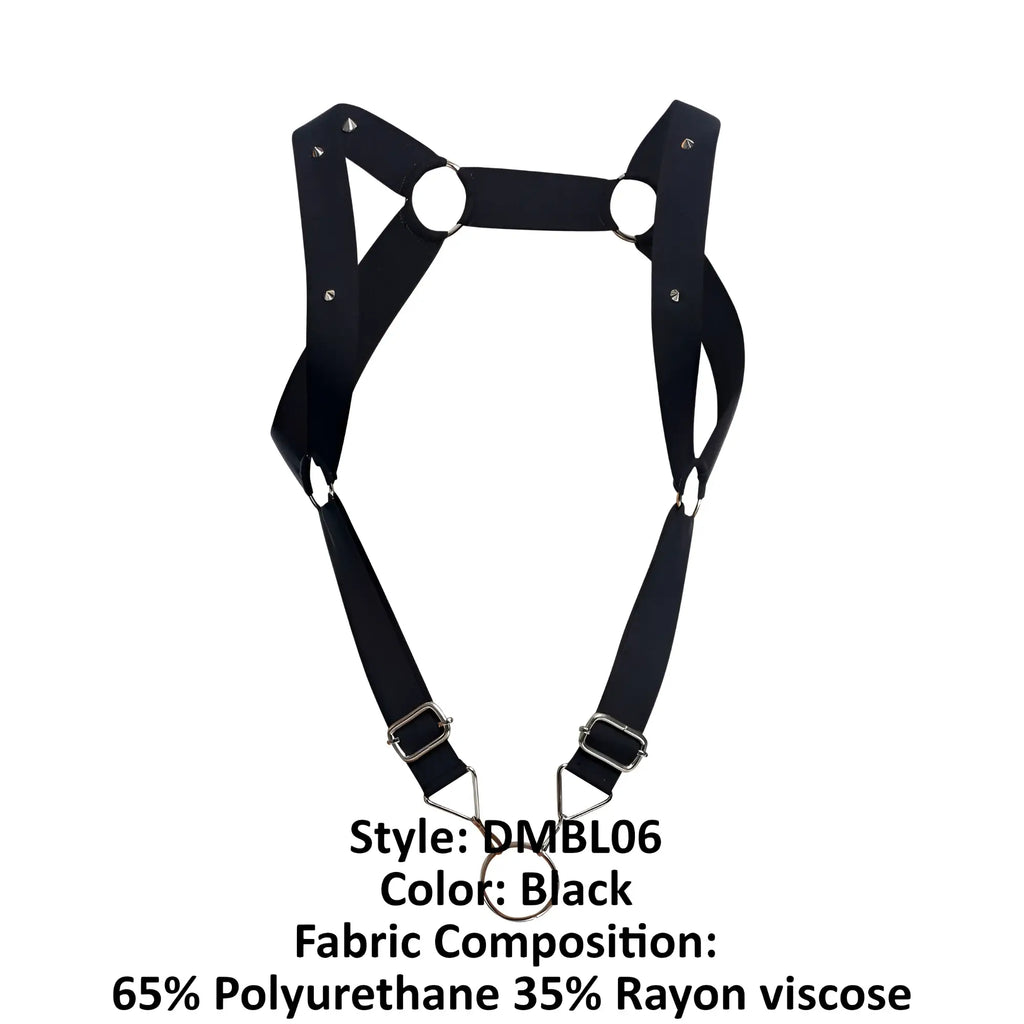 Black malebasics dmblo6 dngeon straight back harness made of polyurethane and rayon with adjustable metal buckles and rings