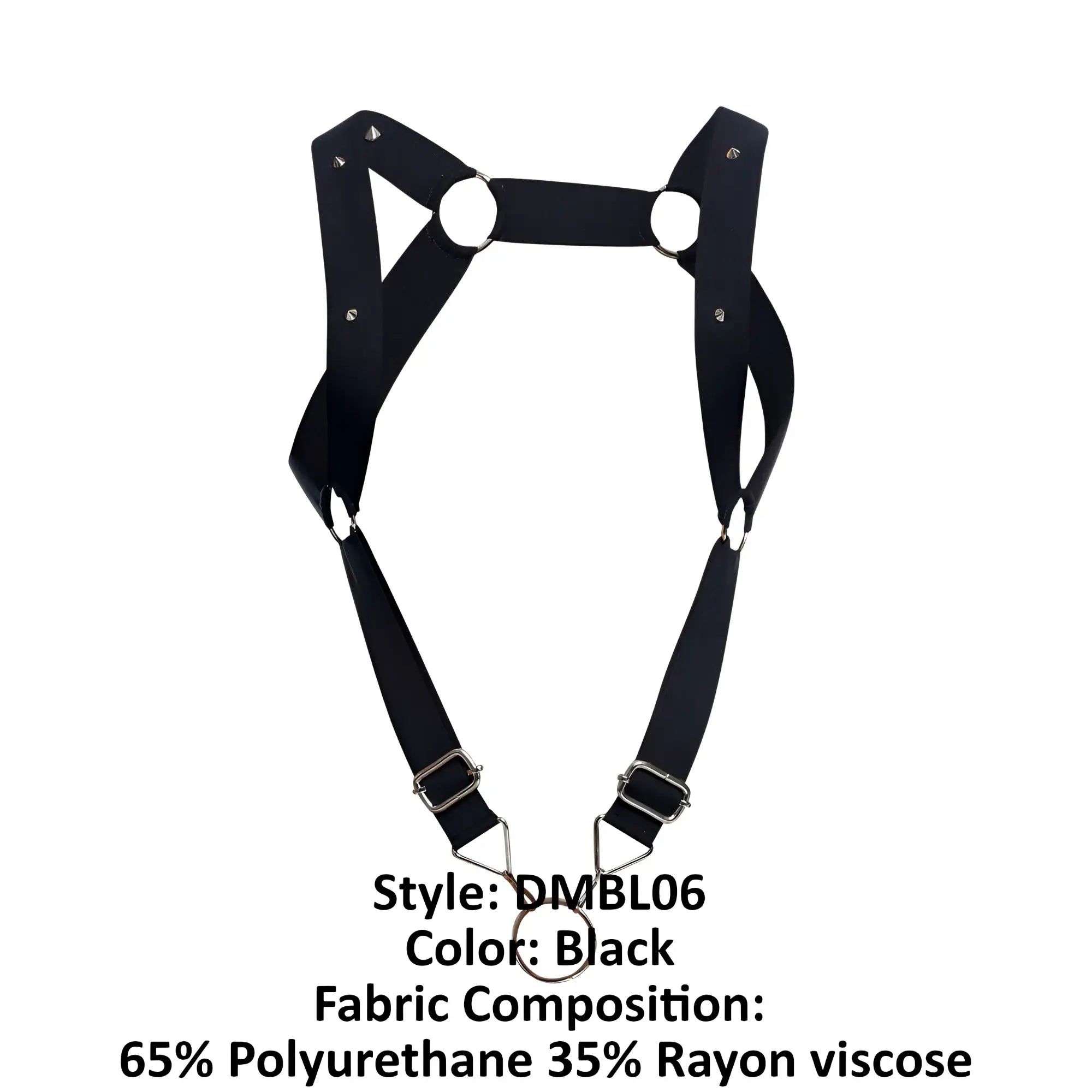 Black malebasics dmblo6 dngeon straight back harness made of polyurethane and rayon with adjustable metal buckles and rings