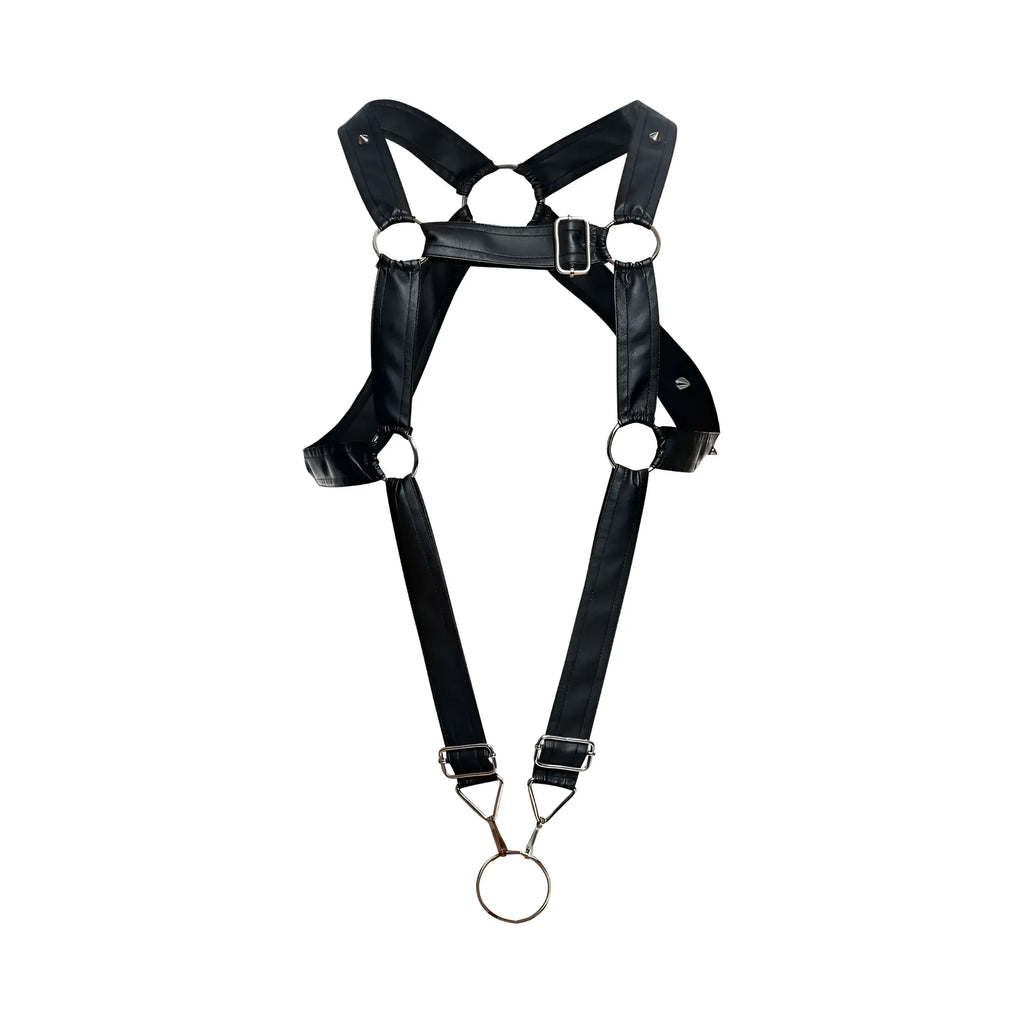 MaleBasics dmble07 dngeon black faux leather cross cockring harness with silver metal rings and buckle