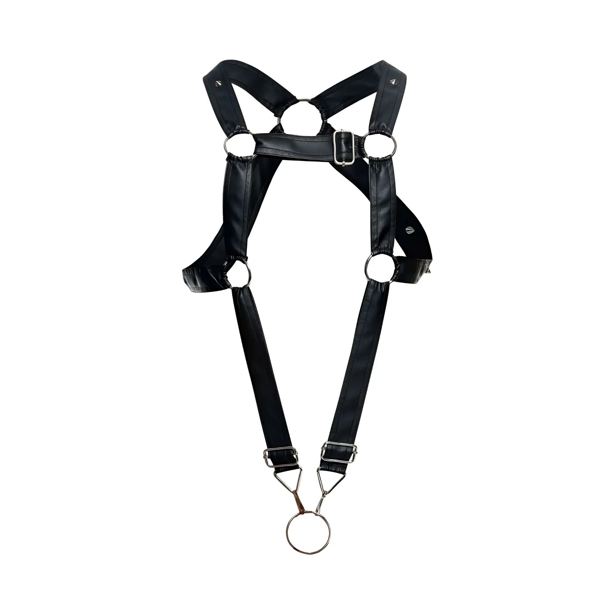 MaleBasics dmble07 dngeon black faux leather cross cockring harness with silver metal rings and buckle