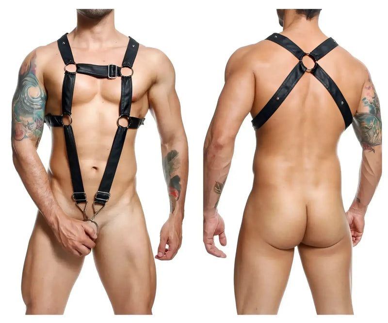 Black leather malebasics dmbL07 dngeon cross cockring harness with adjustable straps and metal rings