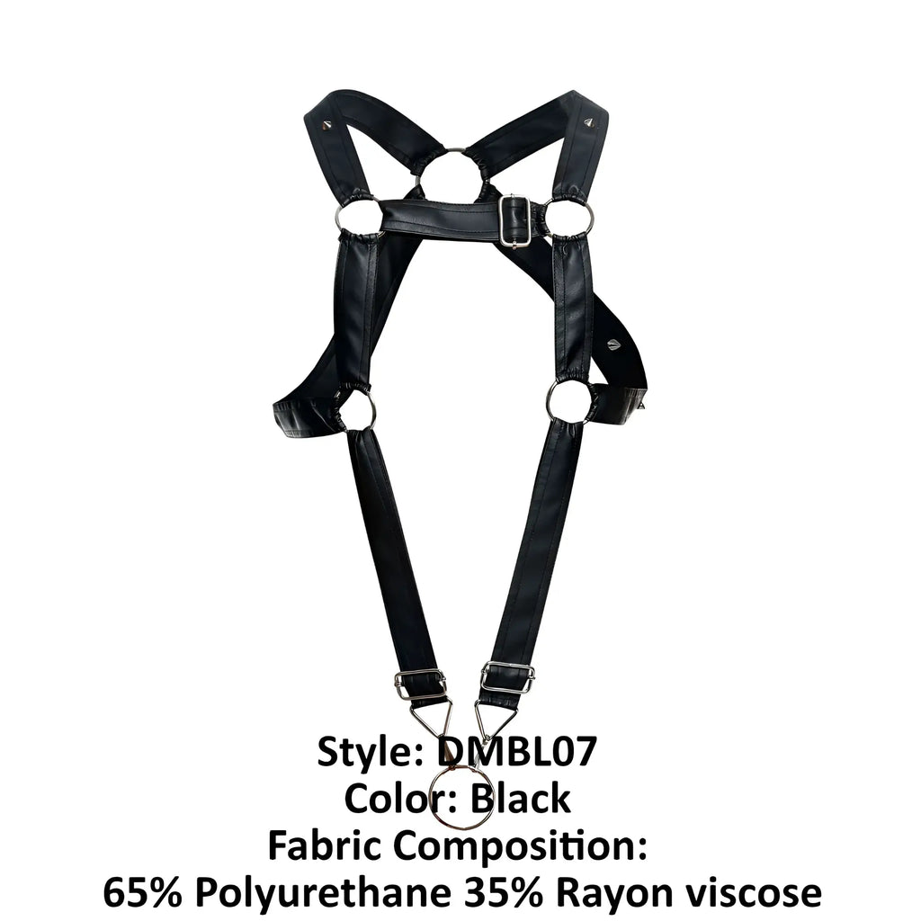 Malebasics dmbly07 dngeon black leather-like cross cockring harness with metallic rings and buckles