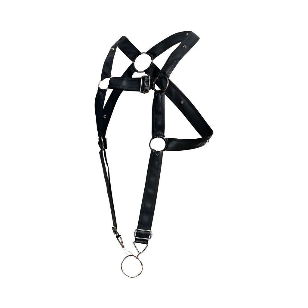 Malebasics dmbl07 dngeon cross cockring harness in black patent leather with silver metal hardware and dangling ring