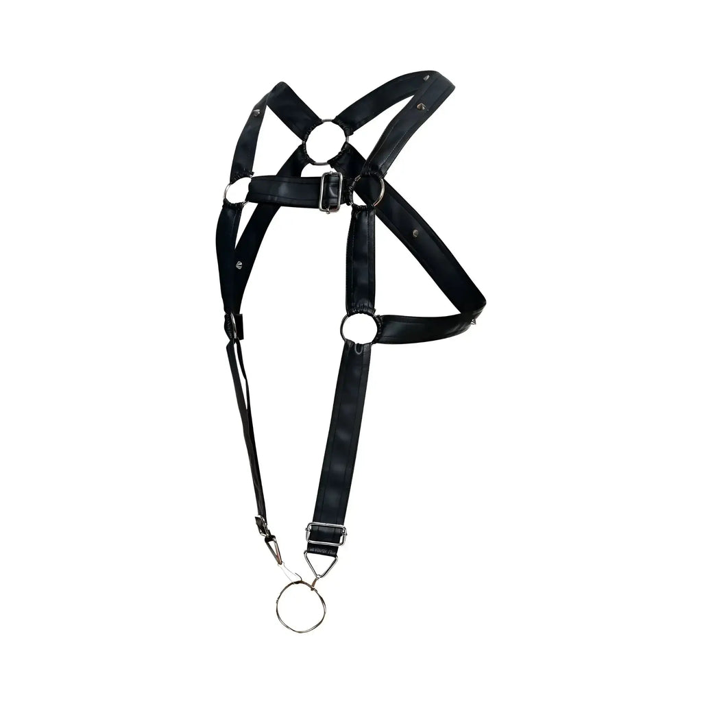 Malebasics dmbl07 dngeon cross cockring harness in black patent leather with silver metal hardware and dangling ring