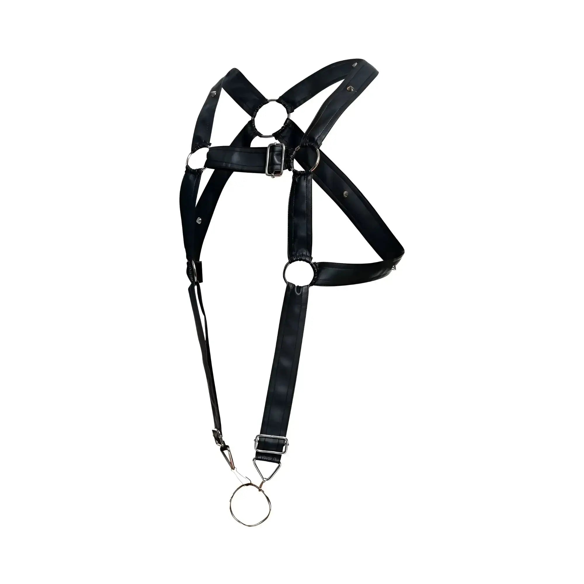 Malebasics dmbl07 dngeon cross cockring harness in black patent leather with silver metal hardware and dangling ring