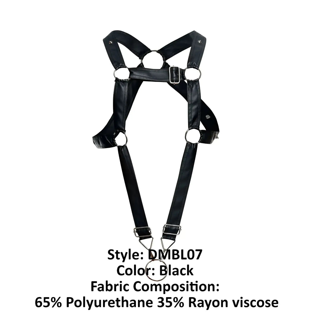 Malebasics dmbly07 dngeon black leather-like cross cockring harness with metallic rings and buckles
