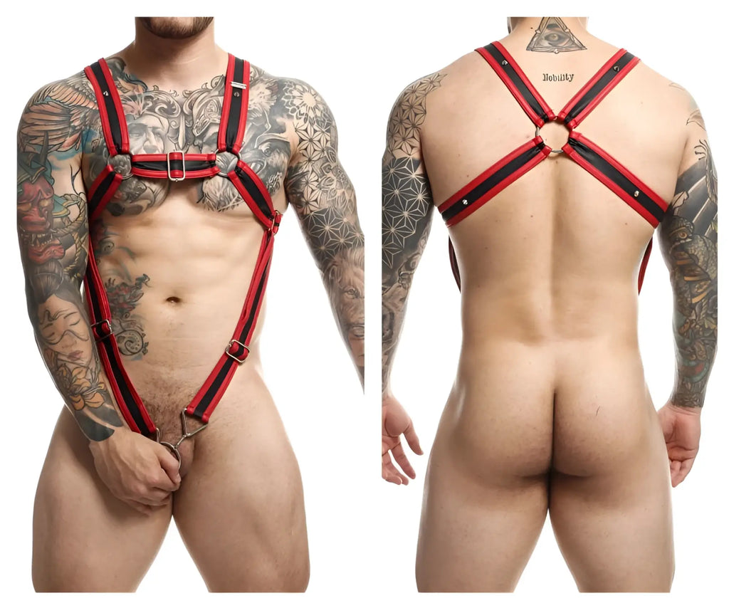 Malebasics dmblo7 dngeon cross cockring harness in red and black leather with silver toned metal hardware