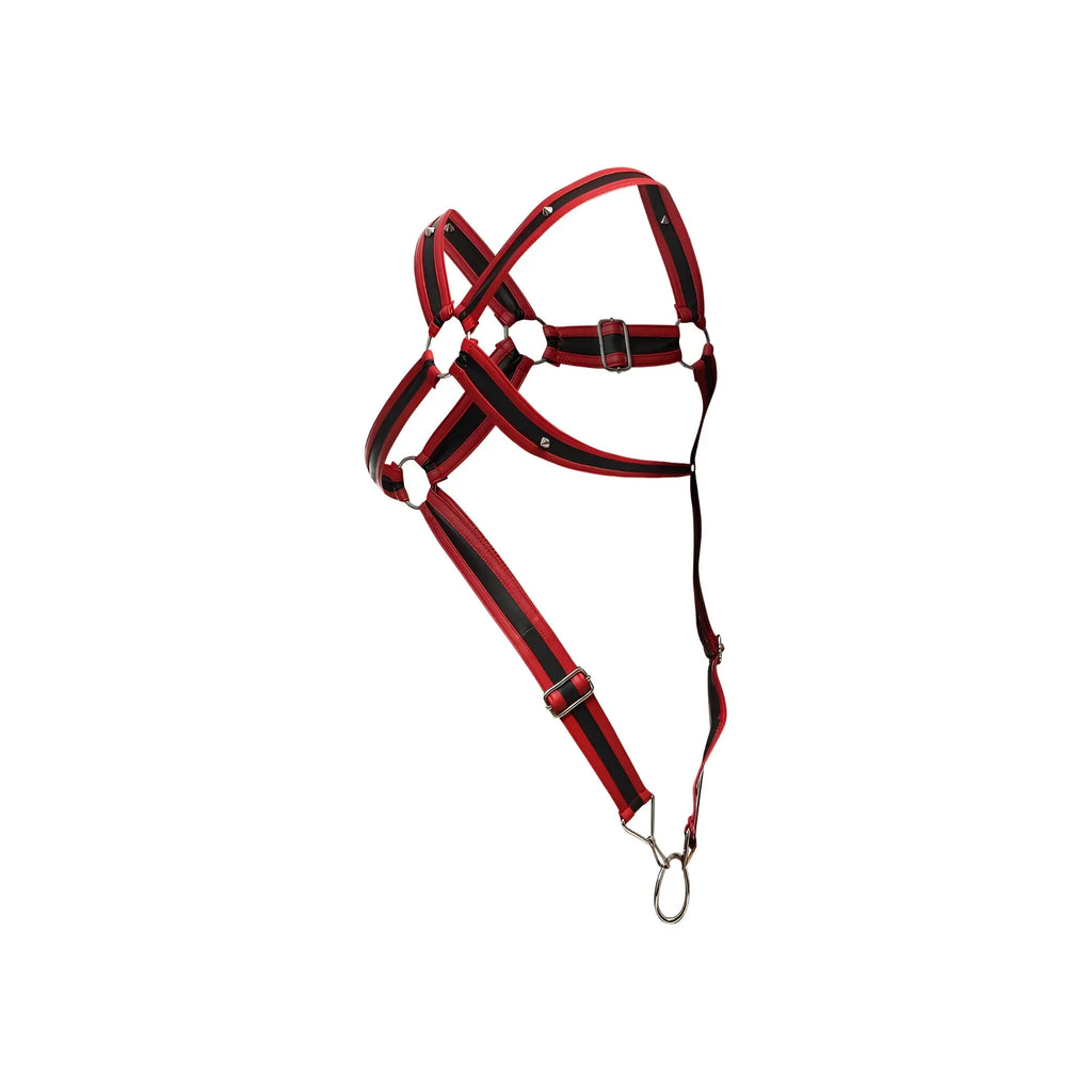 Malebasics dmblo7 dngeon cross cockring harness in red with red and black striped horse halter metal buckle and ring