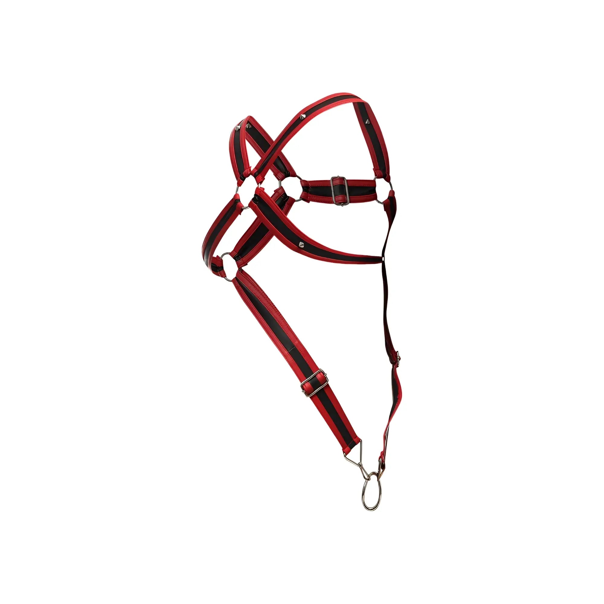 Malebasics dmblo7 dngeon cross cockring harness in red with red and black striped horse halter metal buckle and ring