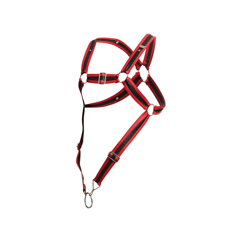 Malebasics dmble07 dngeon cross cockring harness red leather horse halter with black stripes and silver hardware