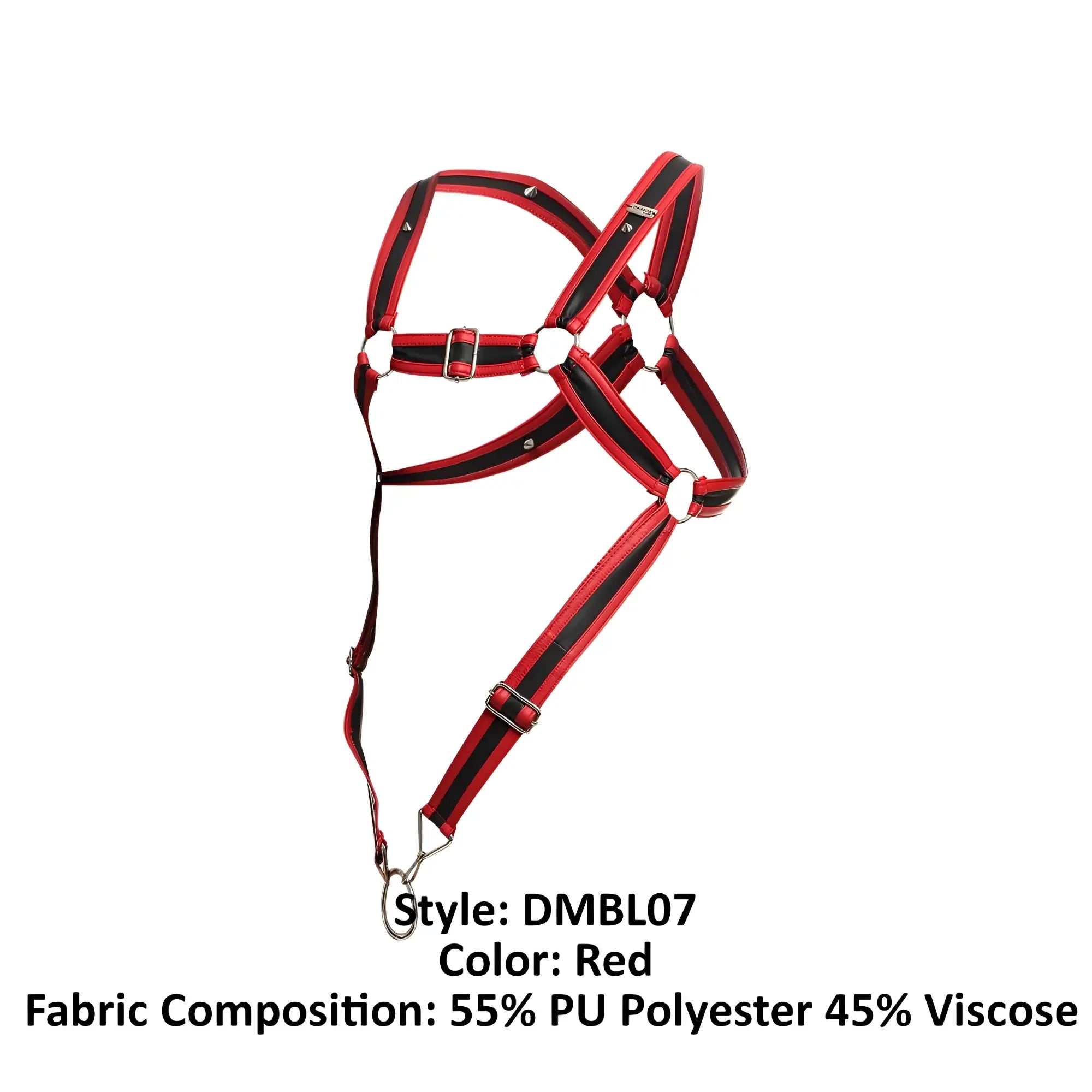 Red malebasics dmbL07 dngeon cross cockring harness with black stripes silver metal hardware horse halter style