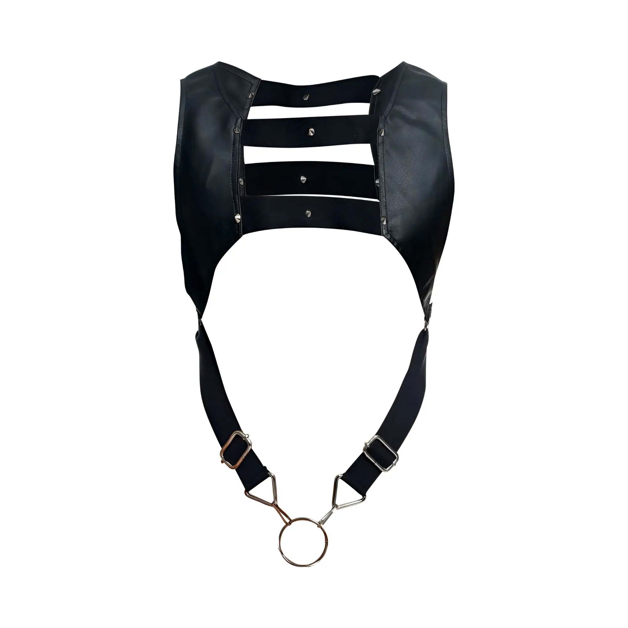 Black faux leather malebasics dmble08 dngeon croptop cockring harness with three straps and central metal ring