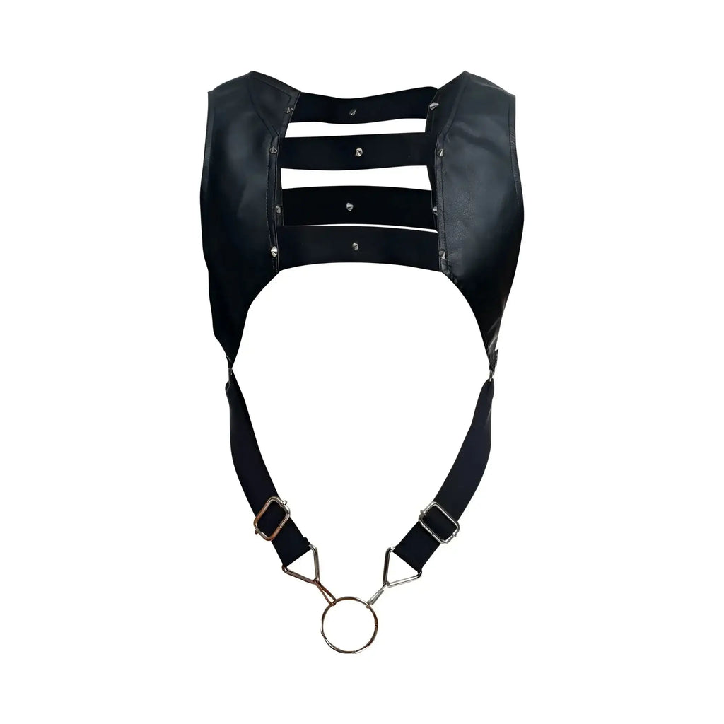 Black faux leather malebasics dmble08 dngeon croptop cockring harness with three straps and central metal ring