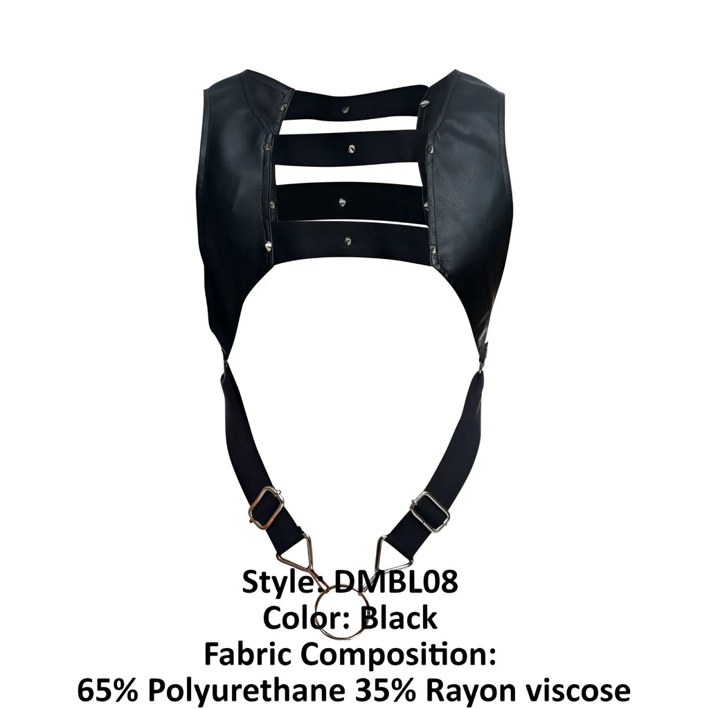 Black leather-like malebasics dmbl08 dngeon croptop cockring harness with three straps and adjustable shoulders