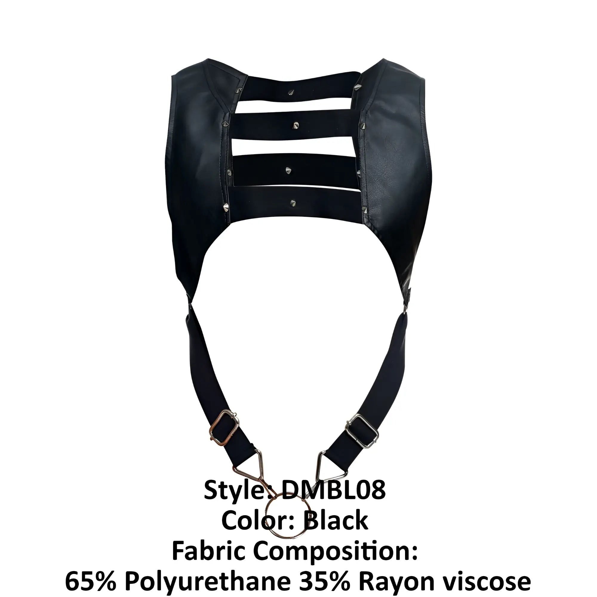 Black leather-like malebasics dmbl08 dngeon croptop cockring harness with three straps and adjustable shoulders