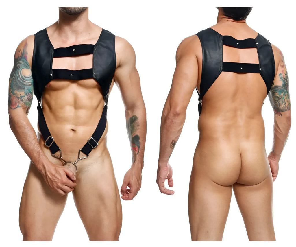 Black leather male basics dmbL08 dngeon croptop cockring harness with metal buckles and chain attachment